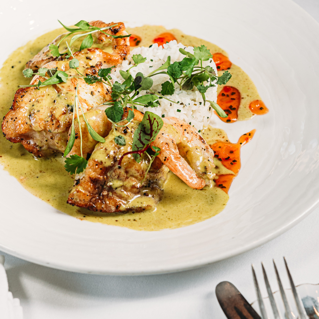 monkfish and prawns with a thai green curry sauce