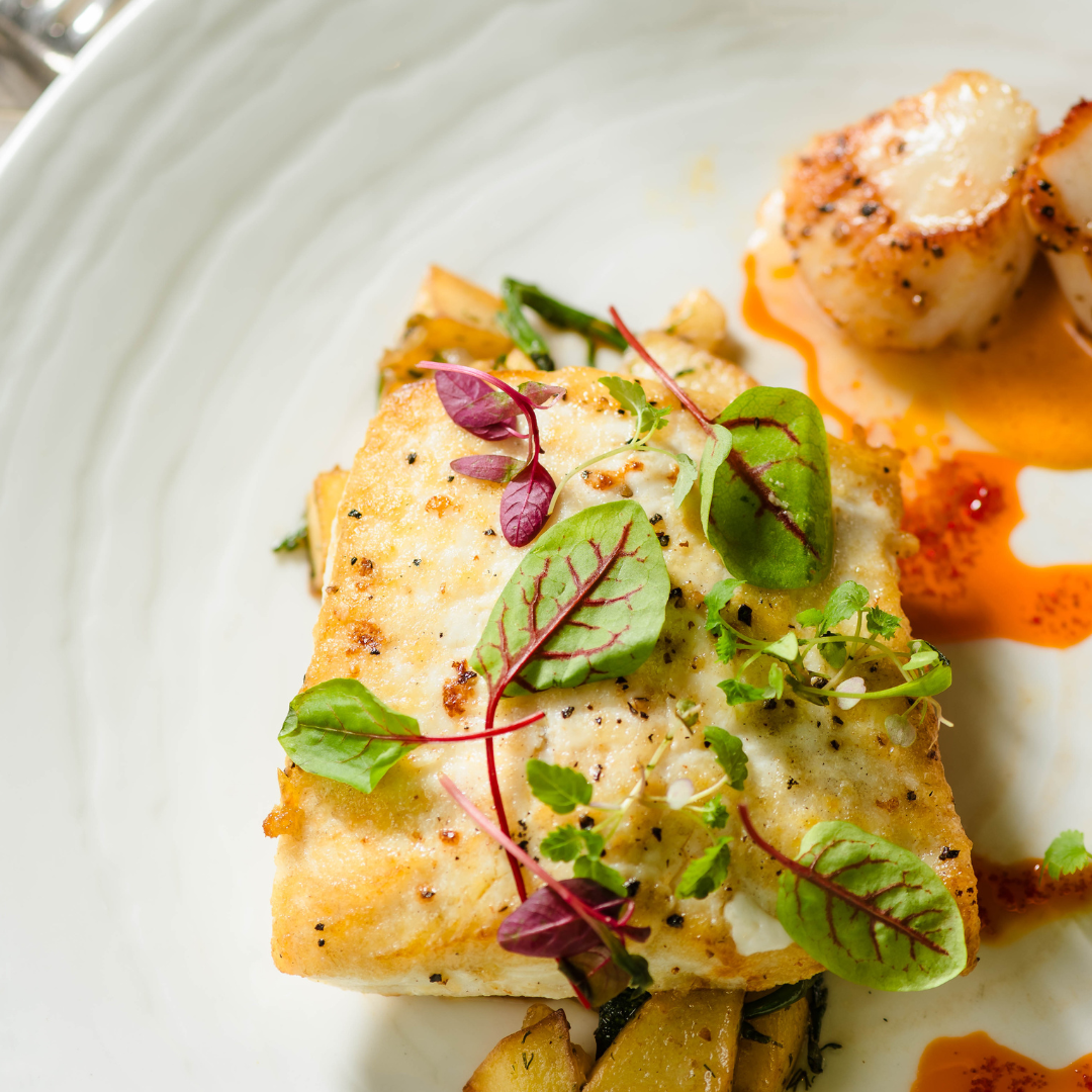 fillet of halibut with scallops and a lobster bisque