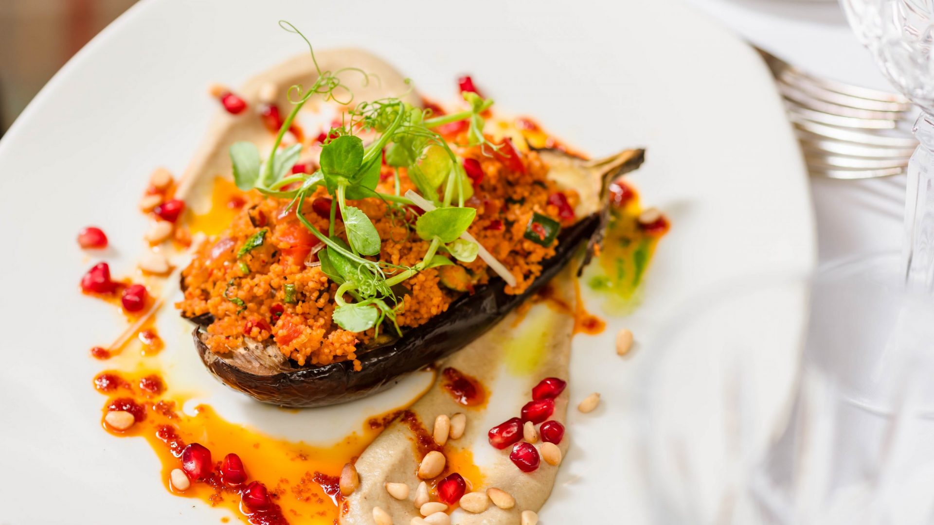 roasted aubergine with pine nuts and cous cous